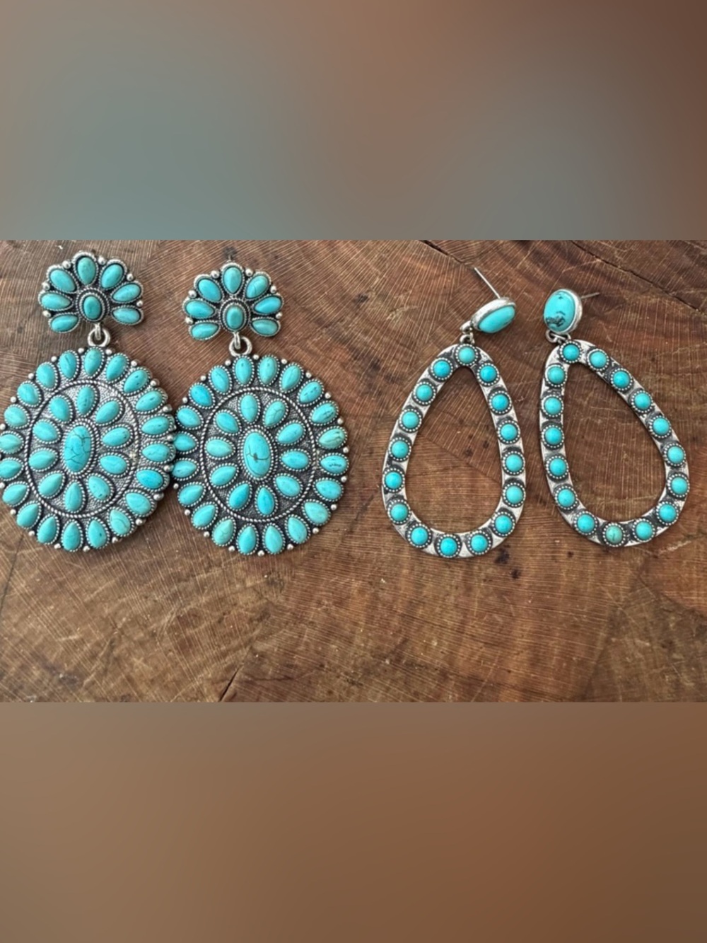 2 - Faux Turquoise Teardrop and Medallion Earrings - Silver Tone